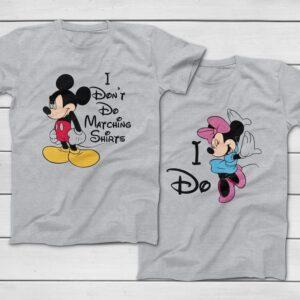 Mickey and Minnie couples Valentine shirts with humorous 'I Don't Do Matching Shirts' and 'I Do' designs