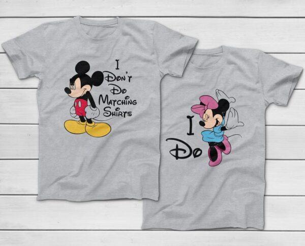 Mickey and Minnie couples Valentine shirts with humorous 'I Don't Do Matching Shirts' and 'I Do' designs