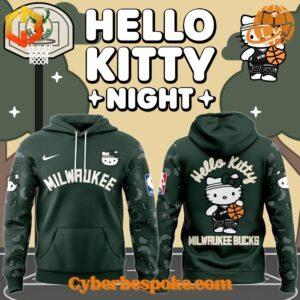 Milwaukee Bucks Hello Kitty Night Hoodie front and back view, featuring team logo and Hello Kitty character.