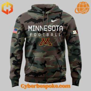 Front view of the Minnesota Golden Gophers Military Appreciation camo hoodie with team logo and American flag.