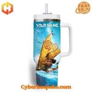 Moana Disney Stanley Tumbler with customizable name and Moana sailing on a boat.