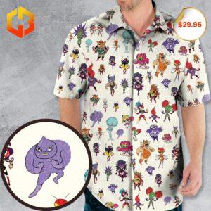 All-over print featuring characters from Mucha Lucha on a vibrant Hawaiian shirt.