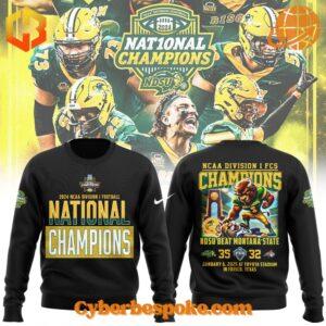 NDSU 2024 NCAA Division I Football National Champions sweatshirt in black and green with mascot design