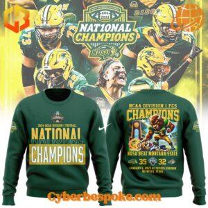 NDSU 2024 NCAA Division I Football National Champions sweatshirt in green with front and back views