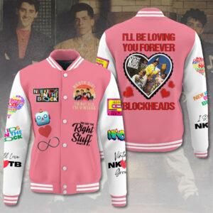 A vintage-style baseball jacket with the phrase 'I will be loving you forever' and a heart graphic. The jacket features the New Kids on the Block logo