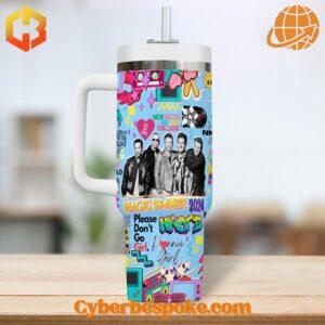 Close-up of New Kids on the Block tumbler design featuring band members