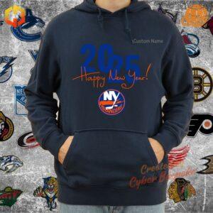 New York Islanders unisex hoodie in blue and orange, featuring the team’s logo with a New Year 2025 design