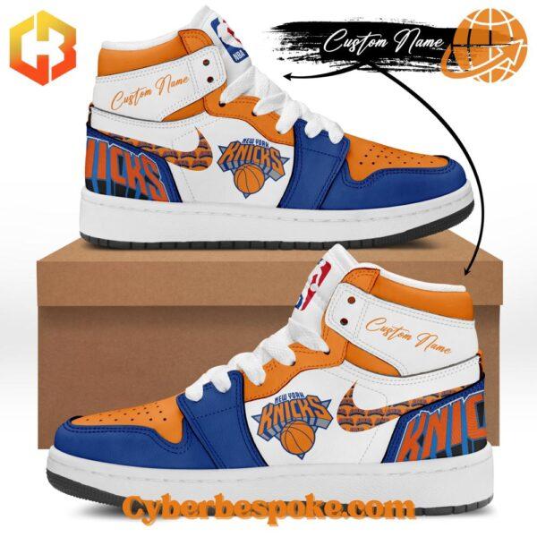 New York Knicks Air Jordan Shoes on a basketball court, highlighting their sporty appeal.