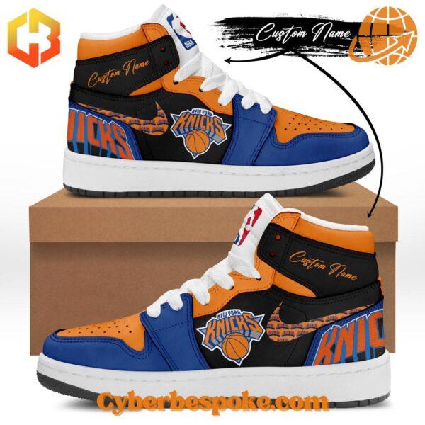 New York Knicks Air Jordan Shoes next to a basketball, symbolizing team spirit.