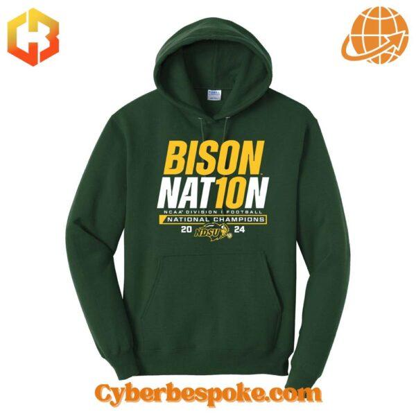 Green hoodie with "BISON NAT10N" text celebrating NDSU's 10-time NCAA football championship.