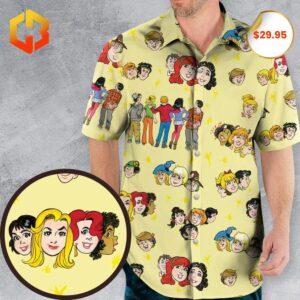 A fun 2025 Hawaiian shirt featuring nostalgic cartoon characters in Archie Comics style, paired with tropical patterns and bright colors.