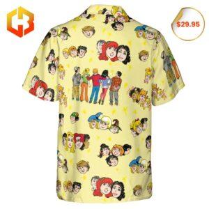 A colorful 2025 Hawaiian shirt filled with iconic cartoon characters reimagined in Archie Comics style, accented by tropical prints.