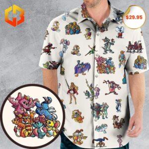 A vibrant Hawaiian shirt featuring classic 80s and 90s Saturday morning cartoon characters with tropical patterns.