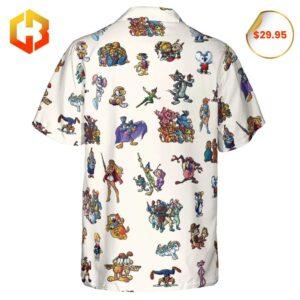 A fun, retro Hawaiian shirt filled with nostalgic Saturday morning cartoon characters from the 80s and 90s, paired with tropical vibes.