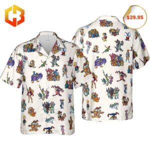 Nostalgic Saturday morning cartoons from the 80s and 90s come to life in this bright and playful Hawaiian shirt