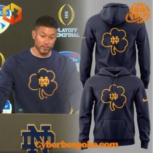 Notre Dame Clover hoodie inspired by Coach Marcus Freeman, featuring a bold shamrock design