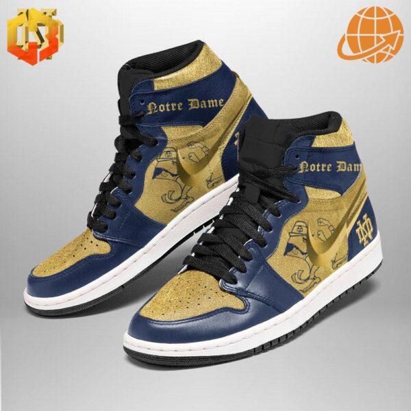 Close-up of Notre Dame Fighting Irish Air Jordan Shoes with personalized name feature.