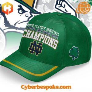 Side profile of green Notre Dame 2025 Orange Bowl Champions Hat with gold trim and blue shamrock logo on the side.