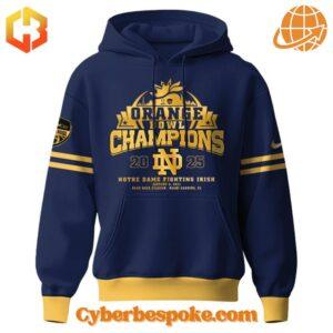 Close-up of Notre Dame Orange Bowl Champions 2025 Hoodie design with bold lettering and iconic logo