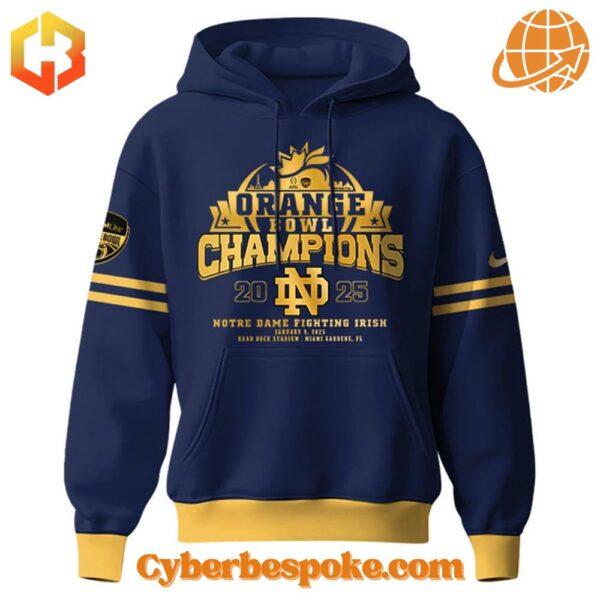 Close-up of Notre Dame Orange Bowl Champions 2025 Hoodie design with bold lettering and iconic logo