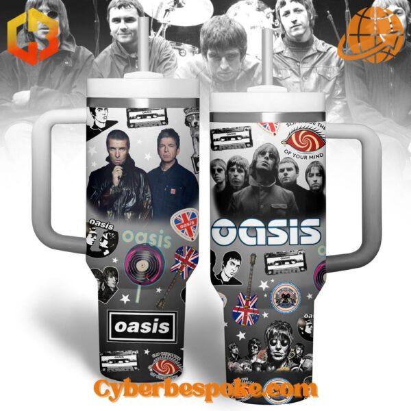 Oasis Band Tumbler 40oz with band logos and album covers, featuring a handle and straw.