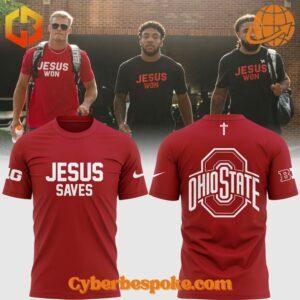 Redefine your style with the unisex Ohio State Buckeyes Football Jesus Saves Shirt