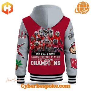 Versatile Ohio State Buckeyes Football Playoff Cotton Bowl Champions Hooded Varsity Jacket designed for comfort, style, and durability.