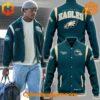 Philadelphia Eagles baseball jacket showcased on model and product views