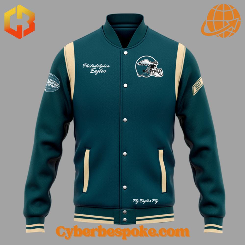 Front view of Philadelphia Eagles Fly Eagles Fly Baseball Jacket