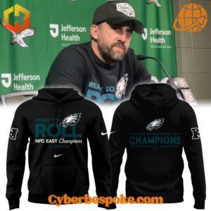 Philadelphia Eagles 2024 NFC East Champions hoodie front and back designs with team coach.