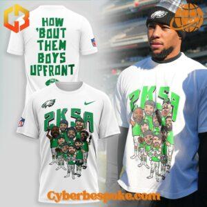 Close-up of Philadelphia Eagles "How 'Bout Them Boys Upfront" t-shirt and hoodie designs