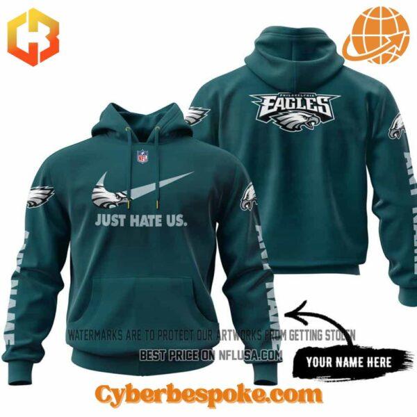 Close-up of the Philadelphia Eagles Just Hate Us Limited Edition Hoodie design