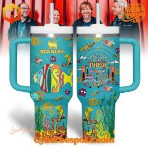 Front view of the Phish Band Stanley Tumbler 40oz showcasing vibrant aquatic-themed illustrations and bold Phish branding.