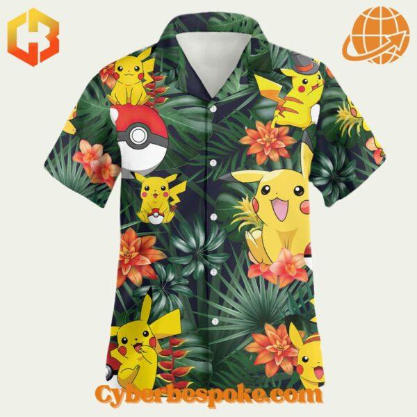 Hawaiian shirt featuring Pikachu and Poké Balls, perfect for casual wear