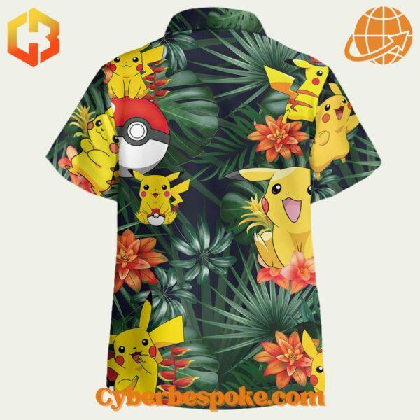 Vibrant Pikachu and Pokémon Ball-themed Hawaiian shirt for fans and tropical vibes