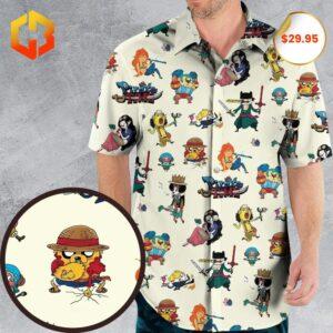 A colorful Hawaiian shirt featuring a mashup of One Piece and Adventure Time characters with '2025' branding