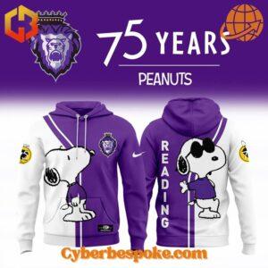 Reading Royals Purple 75th Anniversary Snoopy Hoodie featuring team logo and Snoopy characters on front and back