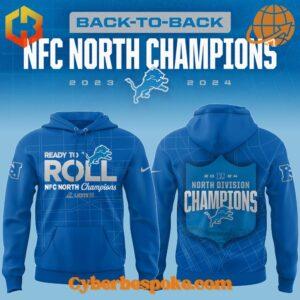 Blue "North Division Champions" Detroit Lions Hoodie with back graphic and team logo.