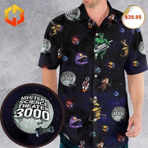 A vibrant 2025 Hawaiian shirt featuring Robot Roll Call characters from MST3K, with tropical designs and bright summer patterns.