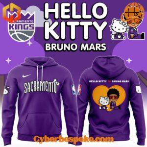 Front view of Sacramento Kings NBA Bruno Mars Hello Kitty Hoodie in purple.