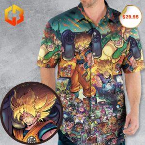 A bold 2025 Hawaiian shirt featuring Saiyan-inspired designs from Dragon Ball, with vibrant tropical patterns and iconic character graphics.