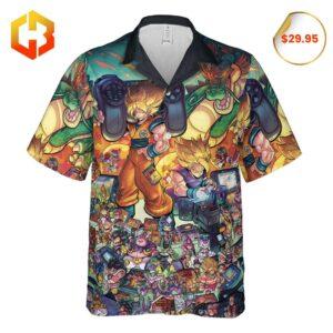 Close-up of a 2025 Hawaiian shirt with Saiyan Swag Dragon Ball designs, showcasing Goku, Vegeta, and other characters in a fun tropical setting.