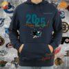 San Jose Sharks unisex hoodie in teal and black, featuring the team’s logo with a Happy New Year 2025 design.