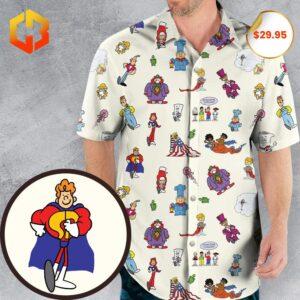 A colorful 2025 Hawaiian shirt featuring Schoolhouse Rock characters with tropical patterns, designed for unisex wear.