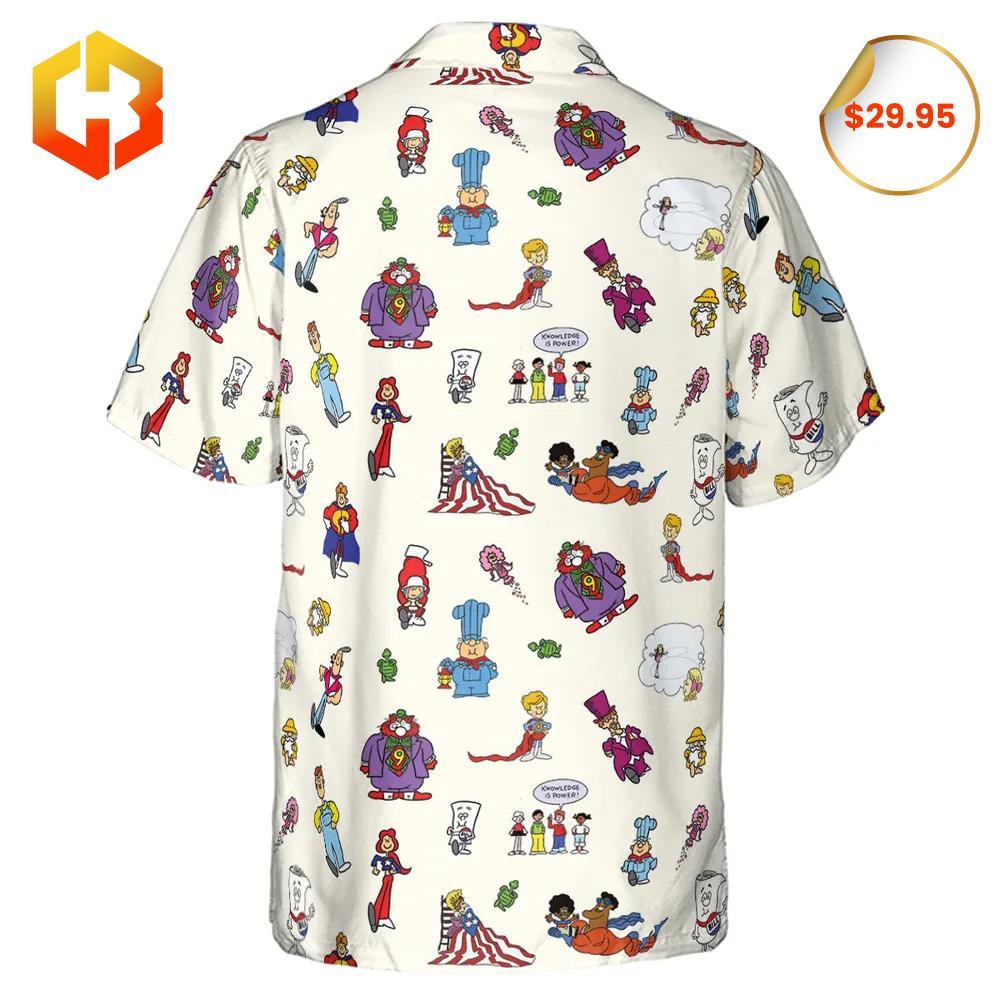Hawaiian shirt blending the iconic Schoolhouse Rock characters with bright tropical elements for a playful 2025 look.