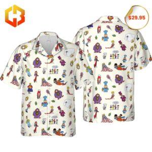 A fun and educational unisex Hawaiian shirt featuring Schoolhouse Rock characters interwoven with vibrant island-themed prints.