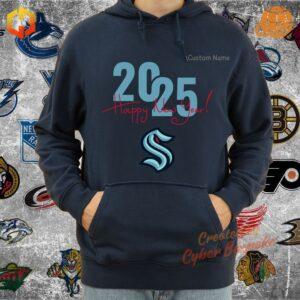 Seattle Kraken unisex hoodie in deep blue and ice blue, featuring the team’s logo with a Happy New Year 2025 edition design