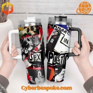 Hands holding two Sex Pistols tumblers with different handle colors and designs.