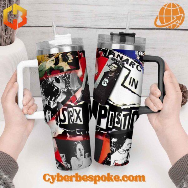 Hands holding two Sex Pistols tumblers with different handle colors and designs.