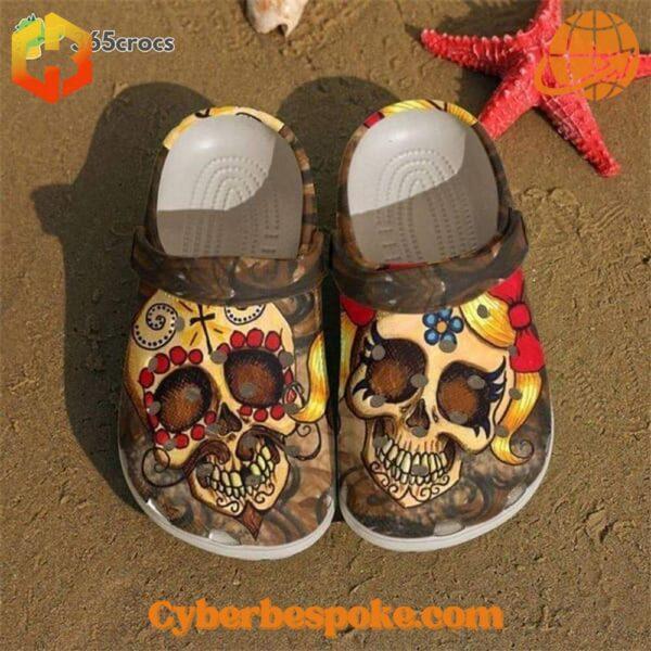 Skull Couple Happy Valentine's Day Crocs on the beach, perfect for relaxed outings.